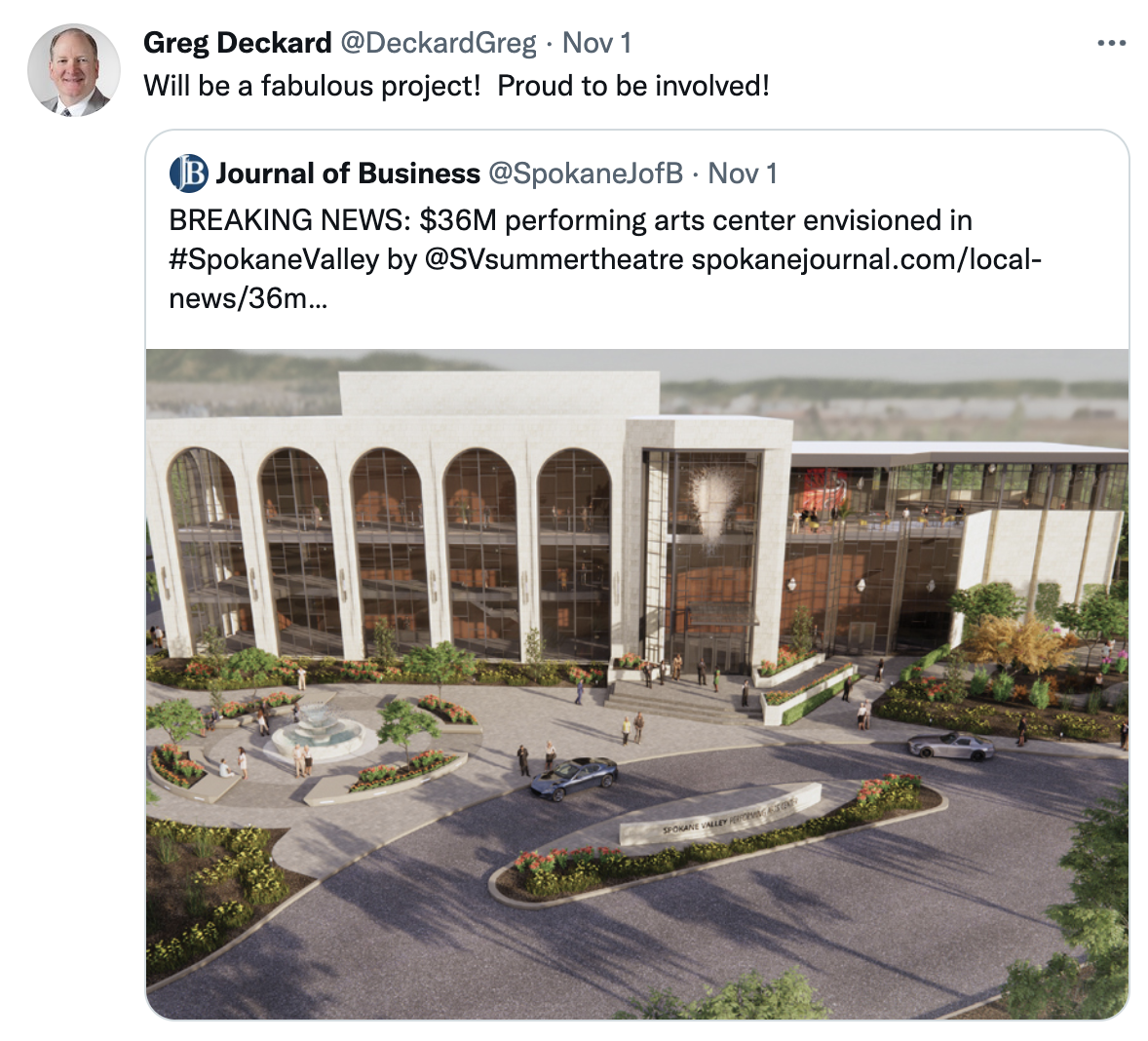 Screenshot of a tweet from Greg Deckard about the new performing arts center